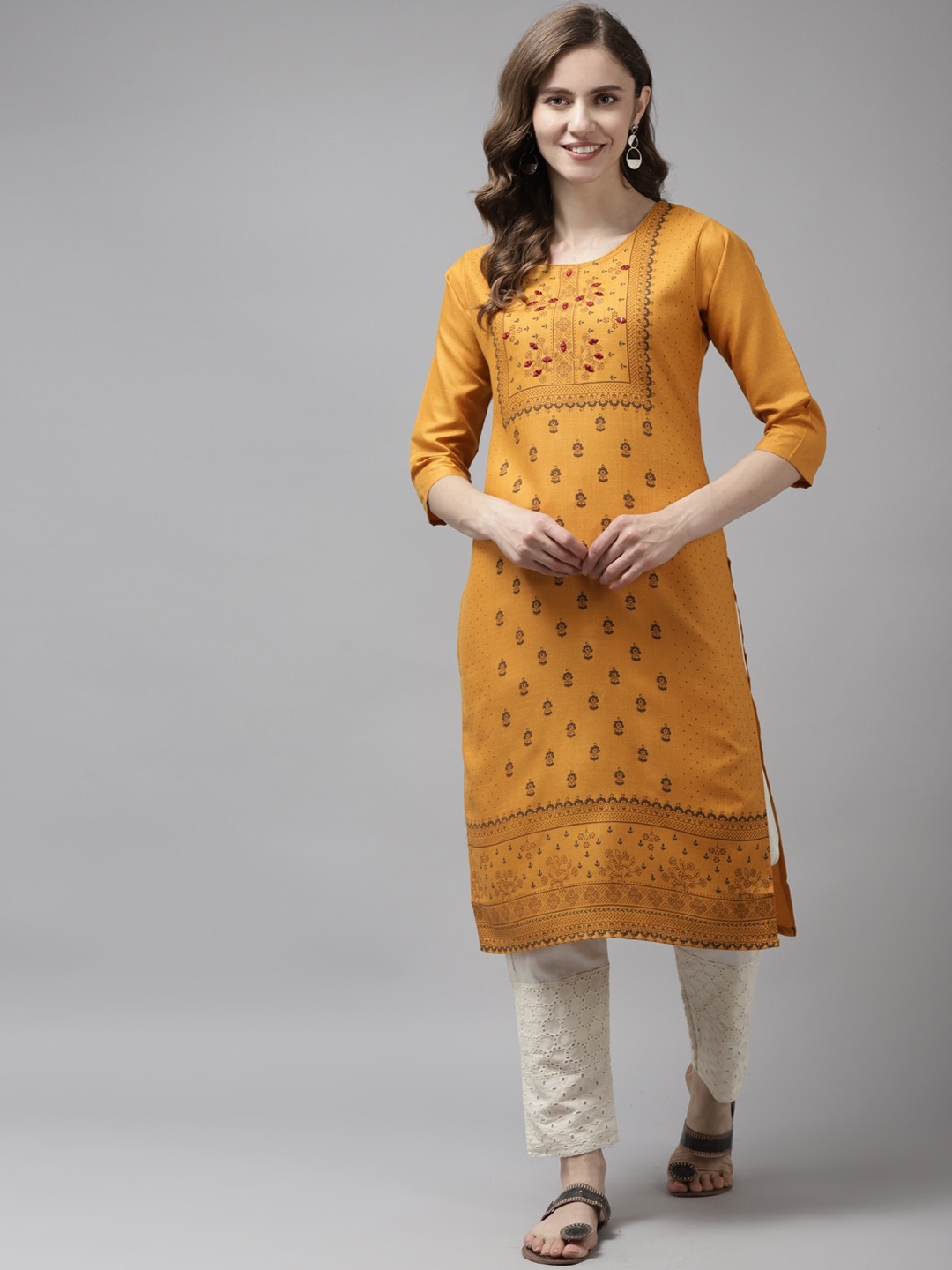 

Aarika Women Gold-Toned Ethnic Motifs Printed Mirror Work Kurta