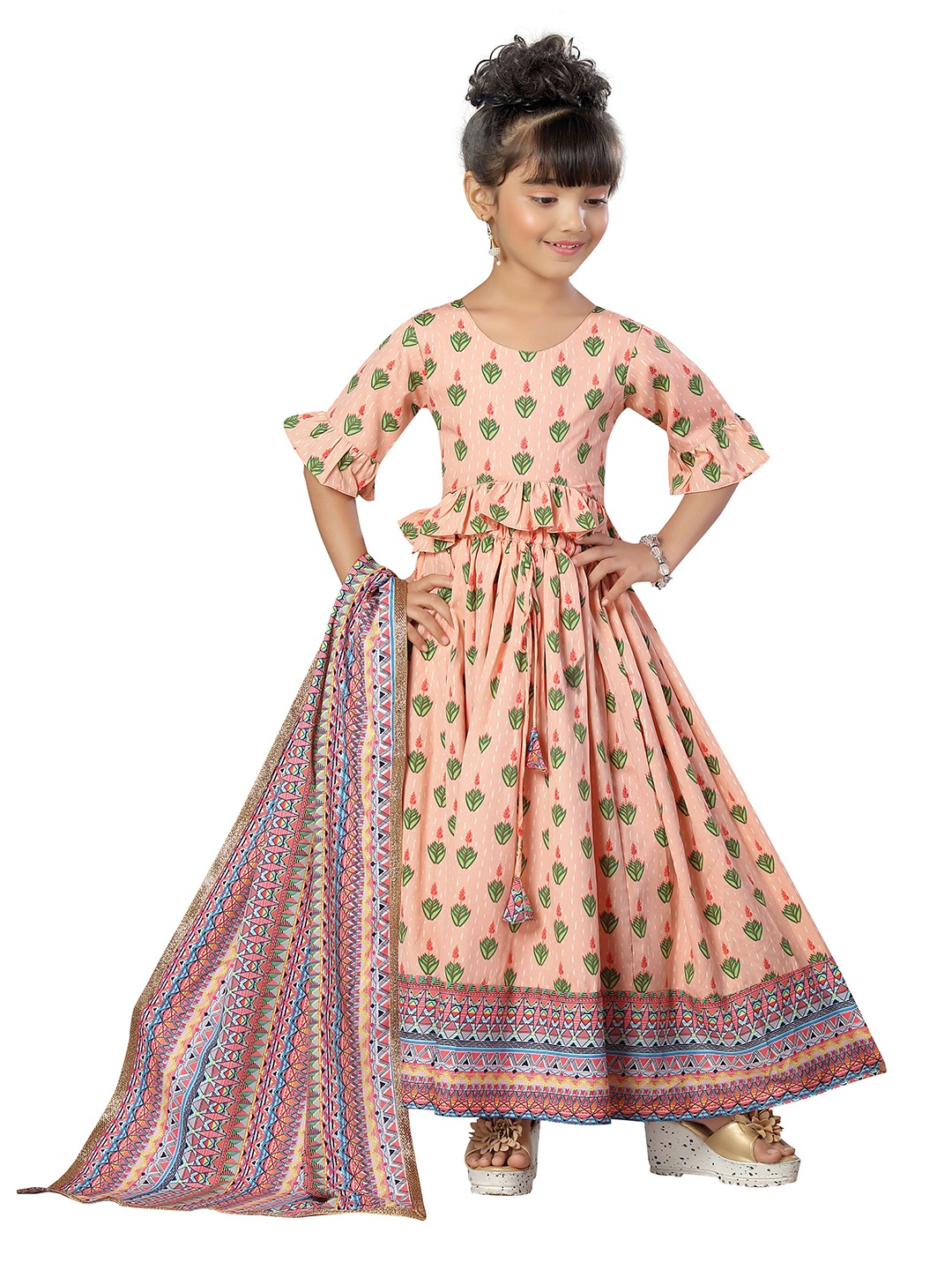 

HERE&NOW Girls Peach-Coloured & Green Printed Ready to Wear Lehenga & Blouse With Dupatta