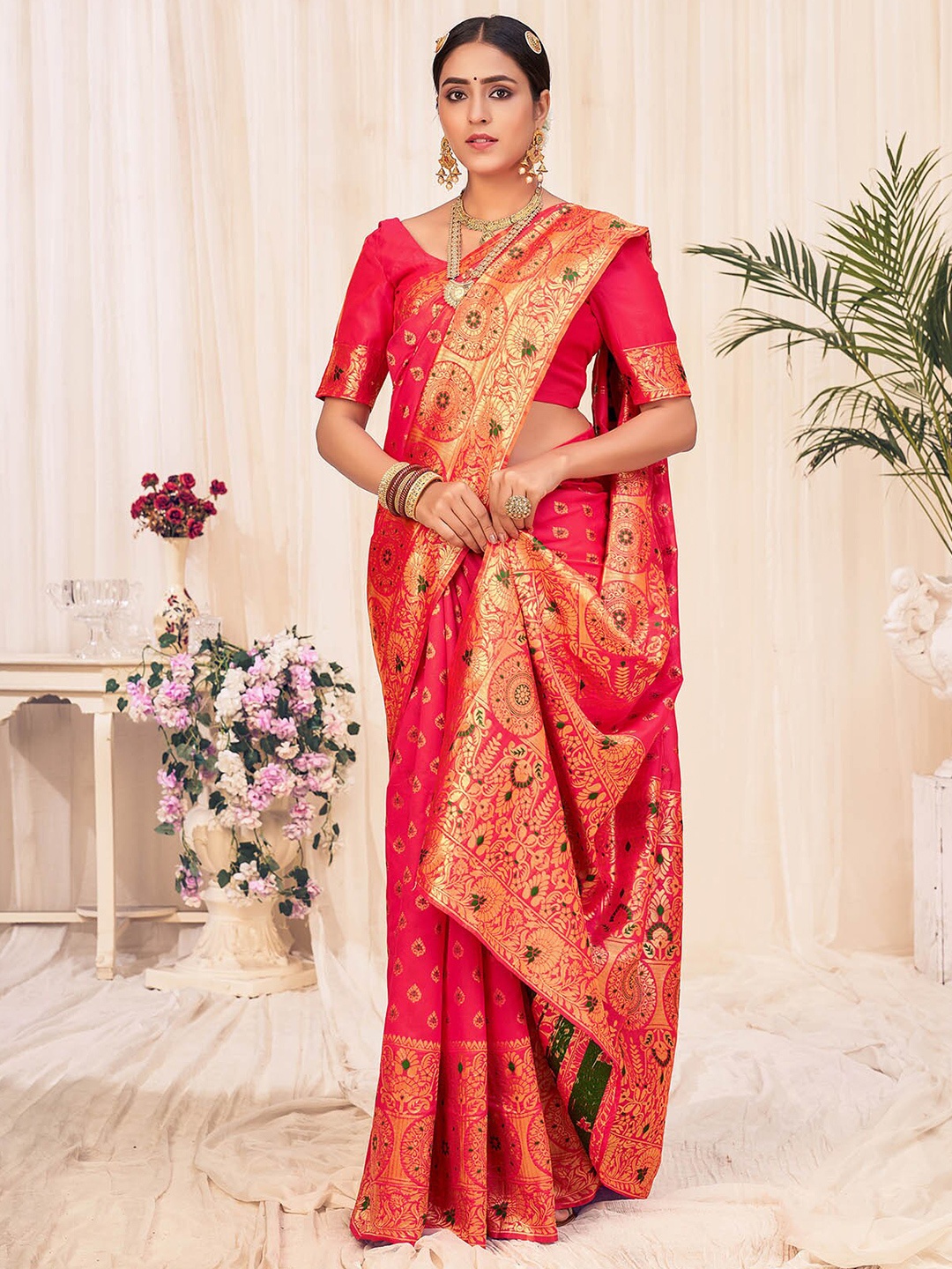 

ODETTE Pink & Green Floral Zari Silk Blend Saree