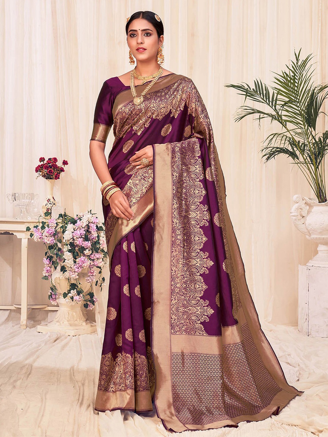 

ODETTE Burgundy & Gold-Toned Ethnic Motifs Zari Silk Blend Saree