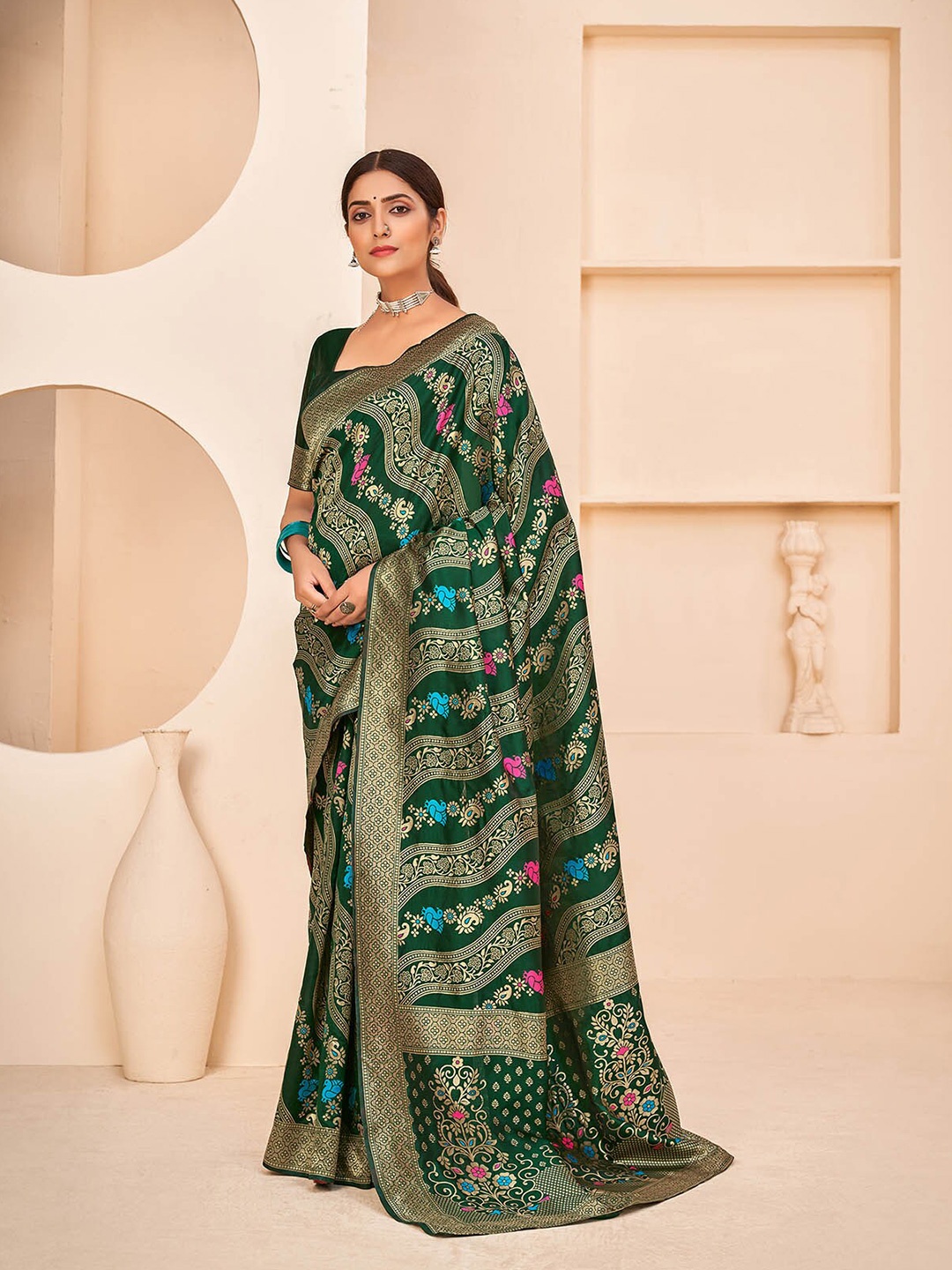 

ODETTE Green & Blue Woven Design Zari Silk Blend Saree