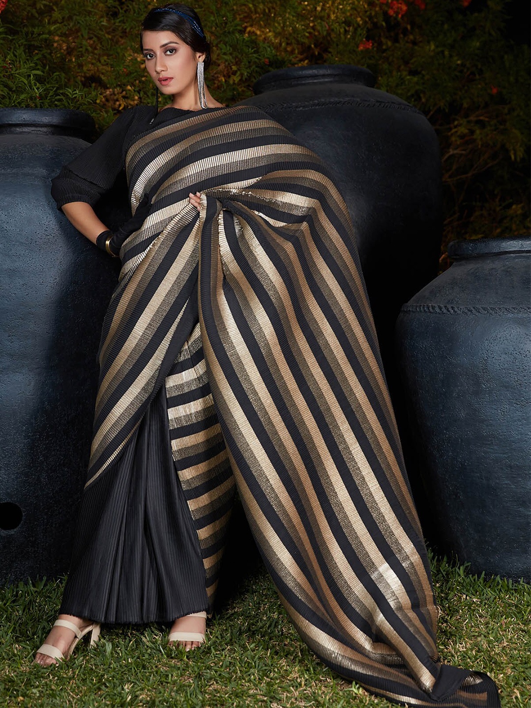 

ODETTE Black & Gold-Toned Striped Silk Blend Saree