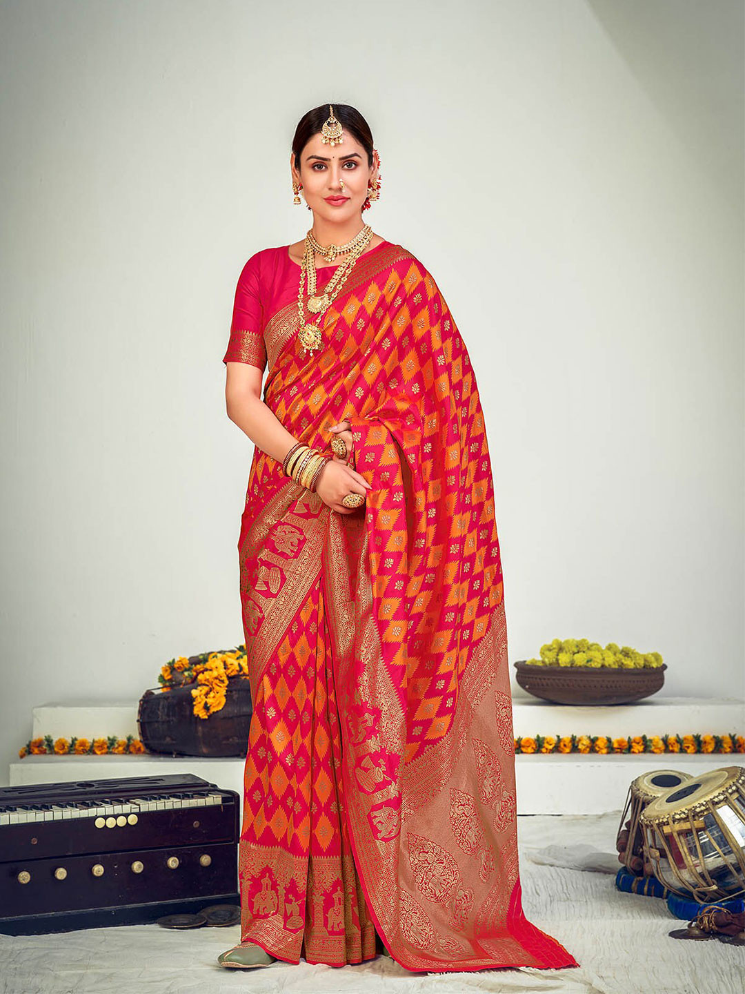 

ODETTE Pink & Yellow Ethnic Motifs Zari Silk Blend Saree