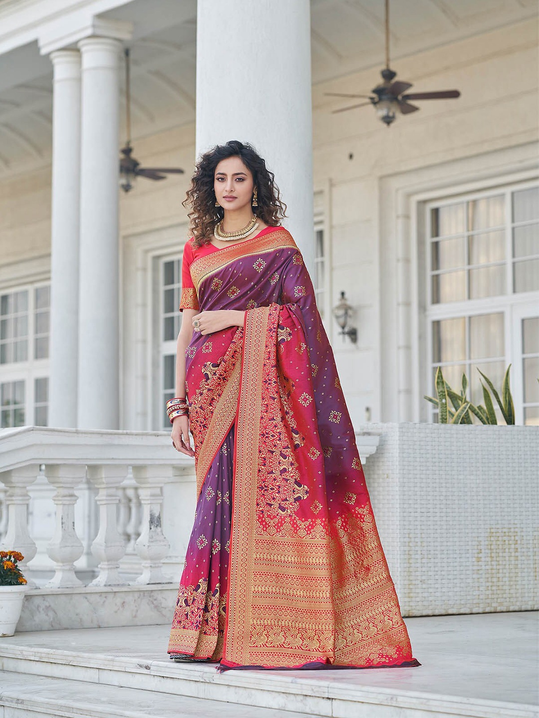 

ODETTE Purple & Red Woven Design Zari Silk Blend Saree