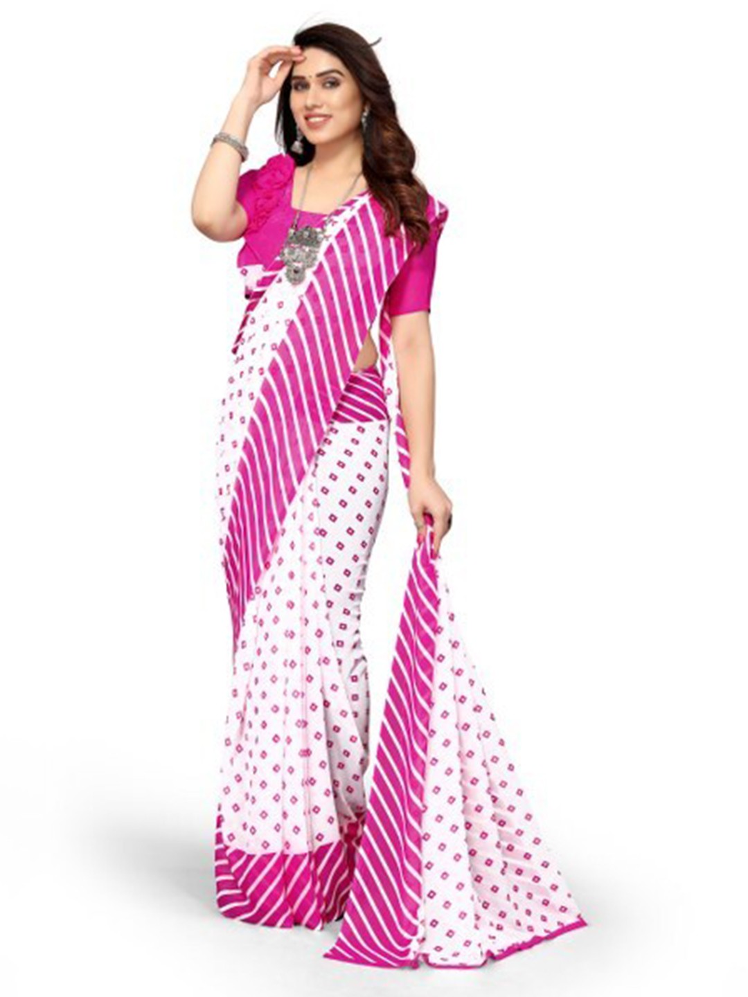 

Yashika Pink & White Georgette Floral Printed Saree