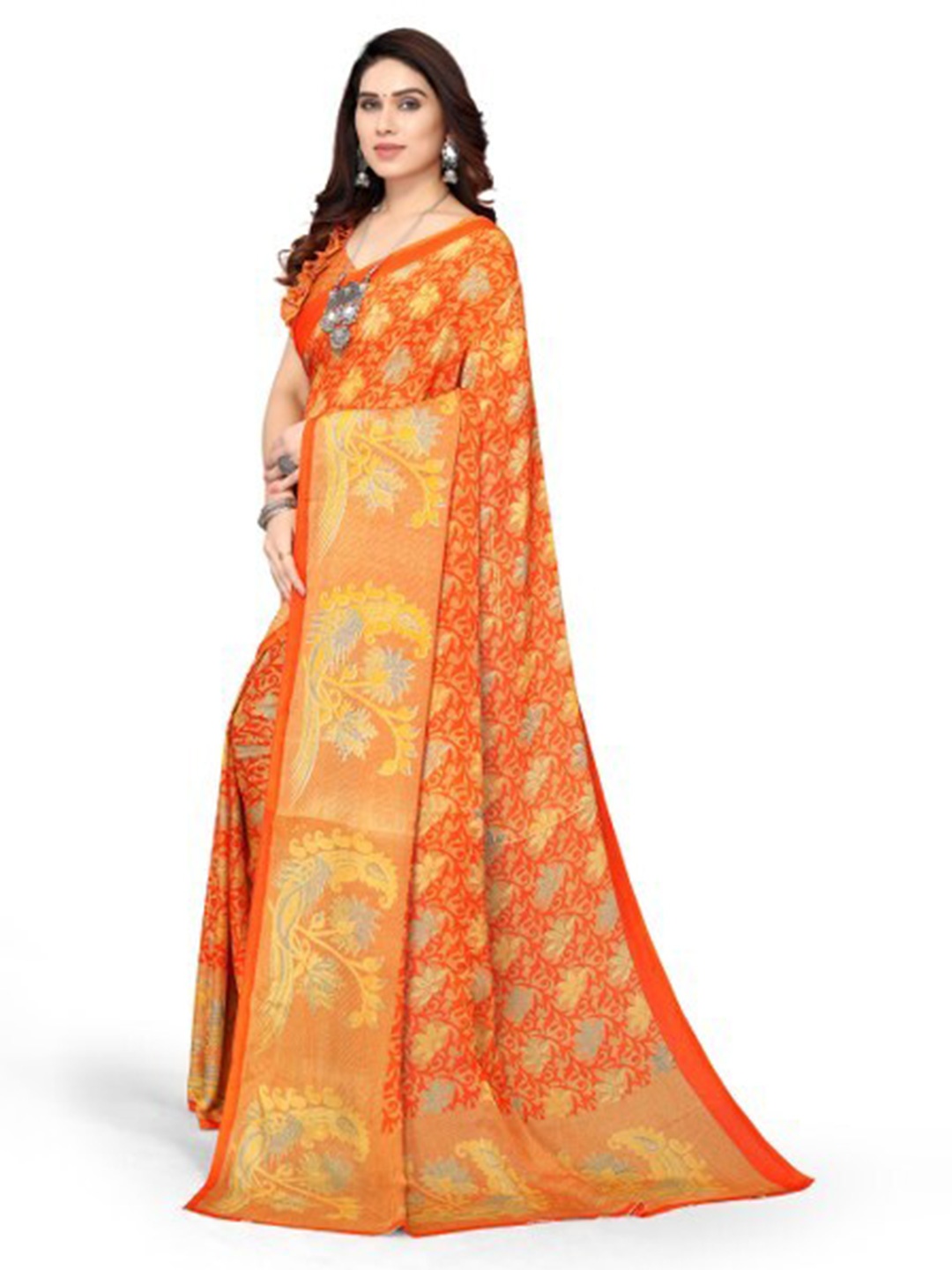 

Yashika Orange & Yellow Floral Printed Saree