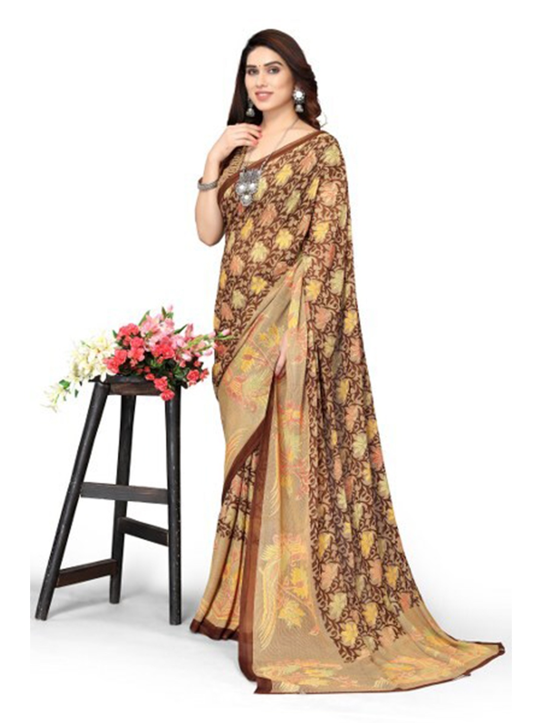 

Yashika Brown & Green Floral Saree