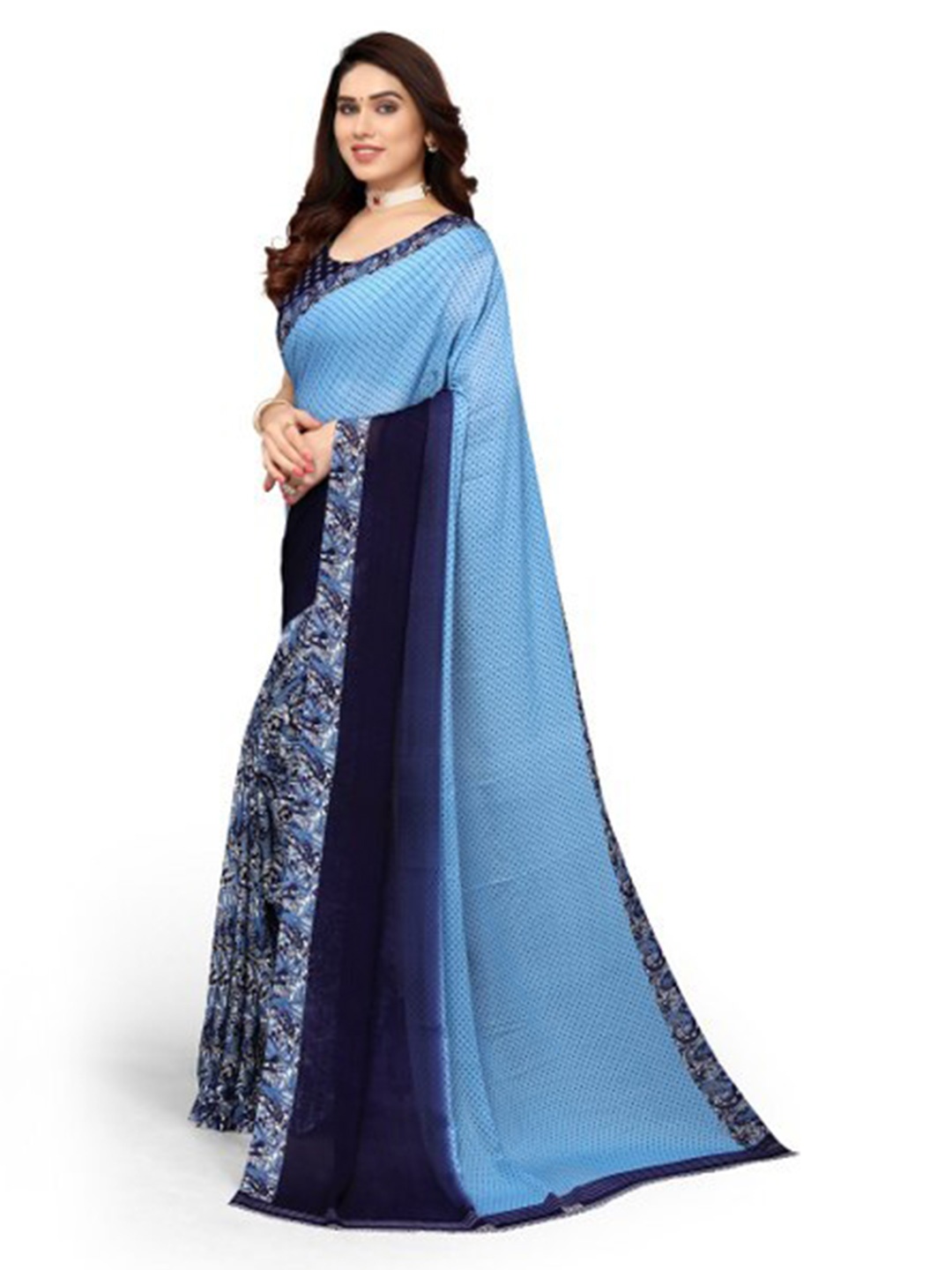 

Yashika Blue & Navy Blue Georgette Printed Saree