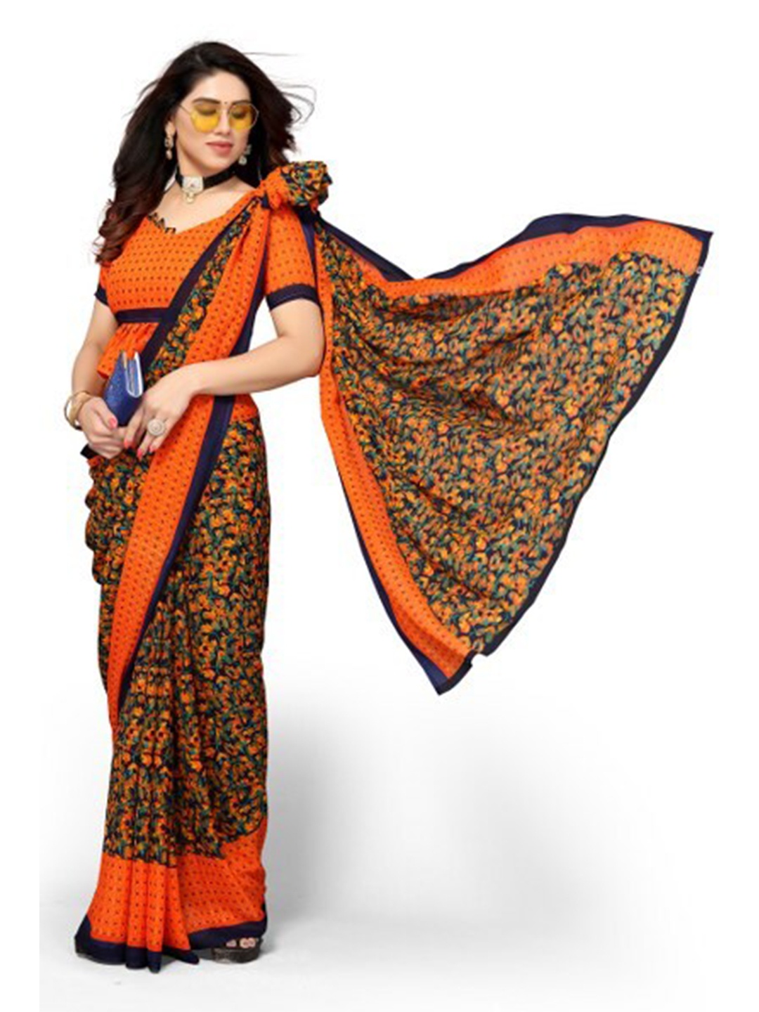 

Yashika Orange & Blue Floral Saree
