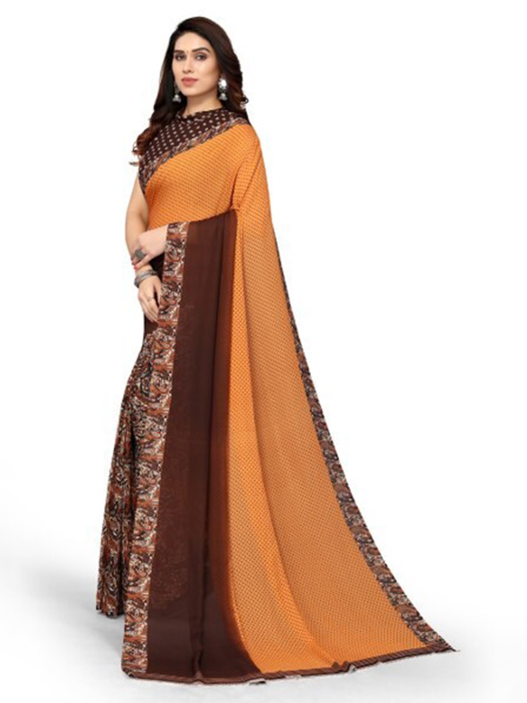 

Yashika Orange & Brown Georgette Printed Saree