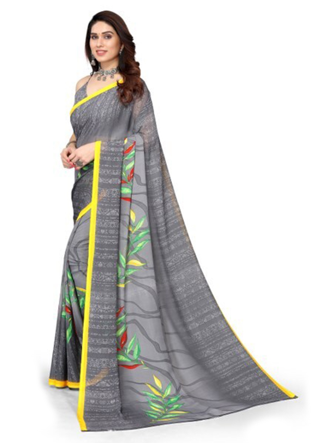 

Yashika Grey & Green Floral Saree