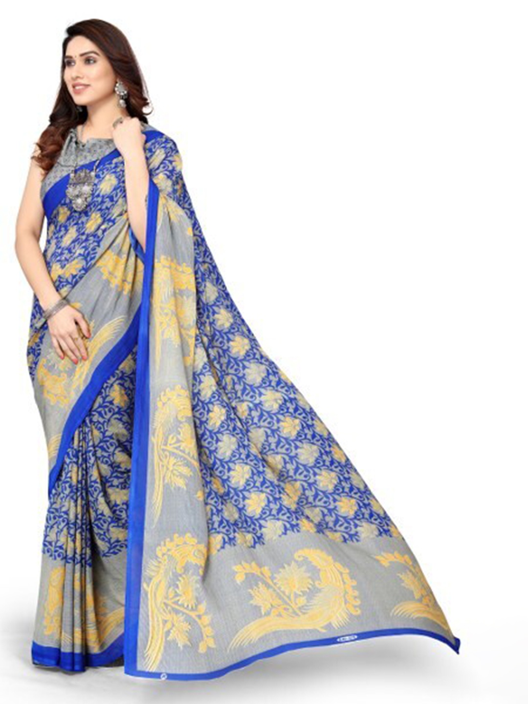 

Yashika Blue & Gold-Toned Floral Saree