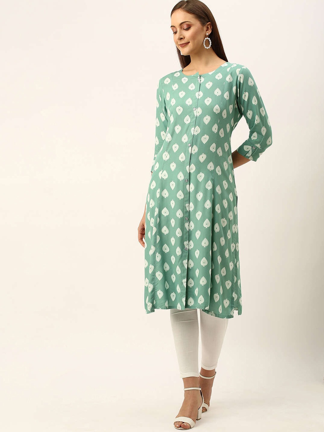 

ZOLA Women Green & White Block Print Kurta