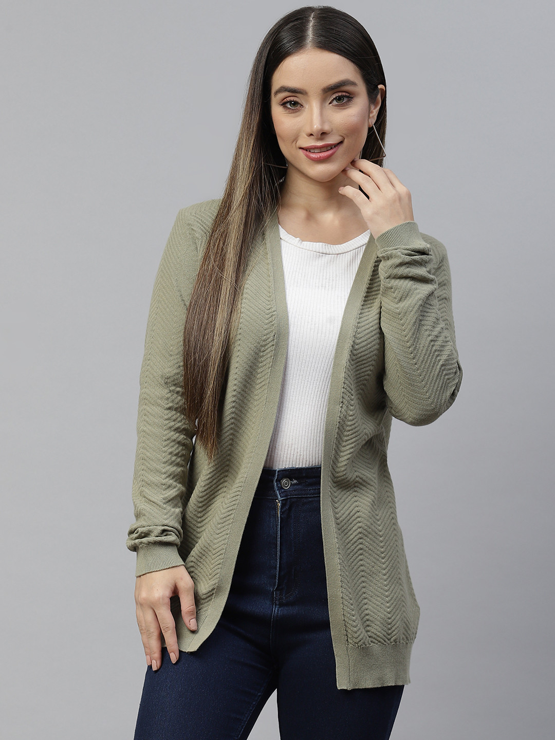 

Marks & Spencer Women Khaki Longline Textured Cardigan