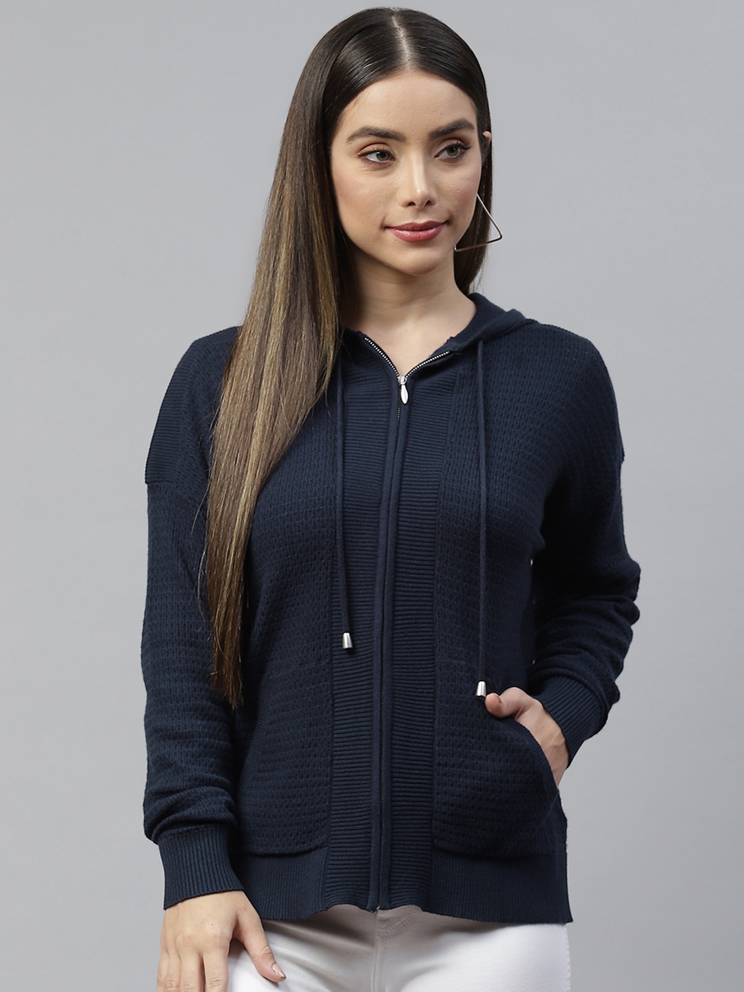 

Marks & Spencer Women Navy Blue Textured Relaxed Zip Up Hoodie