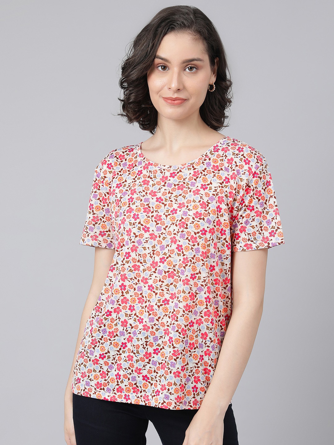 

Marks & Spencer Women Beige & Pink Floral Printed Drop-Shoulder Sleeves T-shirt