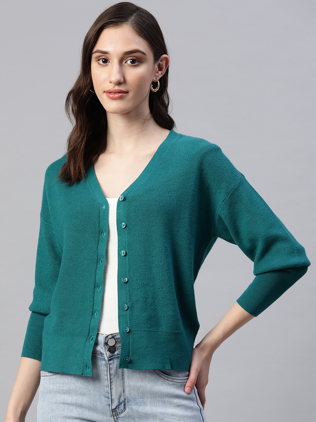 

Marks & Spencer Women Solid Ribbed Knitted Cardigan, Teal