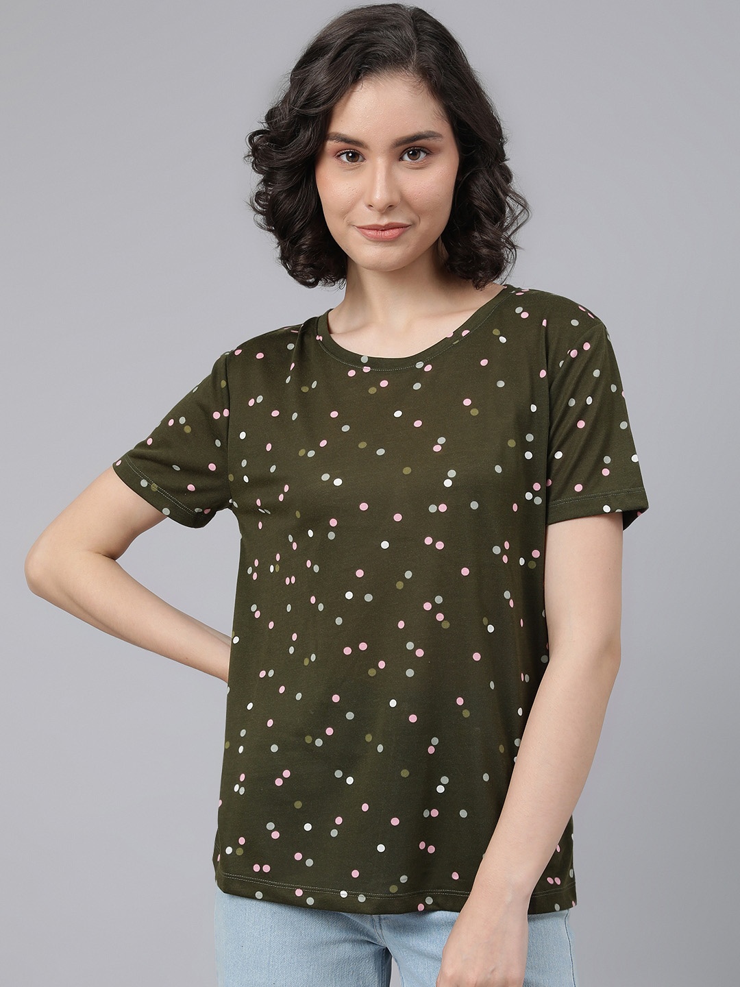 

Marks & Spencer Women Olive Green & White Dotted Print Drop-Shoulder Sleeves T-shirt