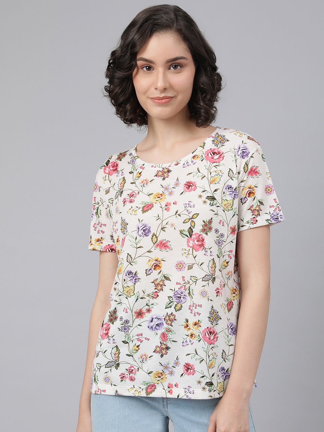 

Marks & Spencer Women Off White & Pink Floral Printed T-shirt