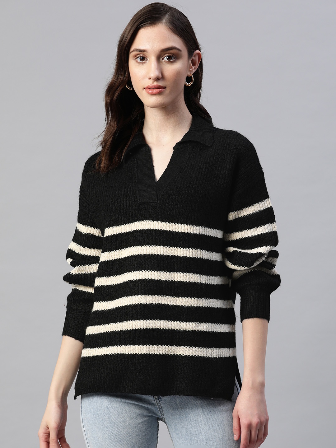 

Marks & Spencer Women Self-Striped Pullover, Black