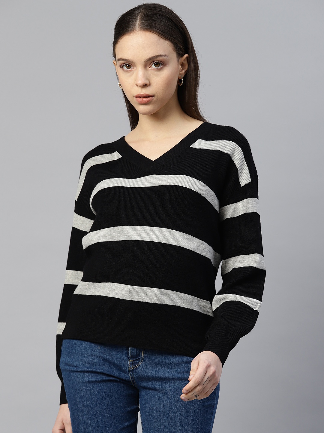 

Marks & Spencer Women Striped Pullover, Black