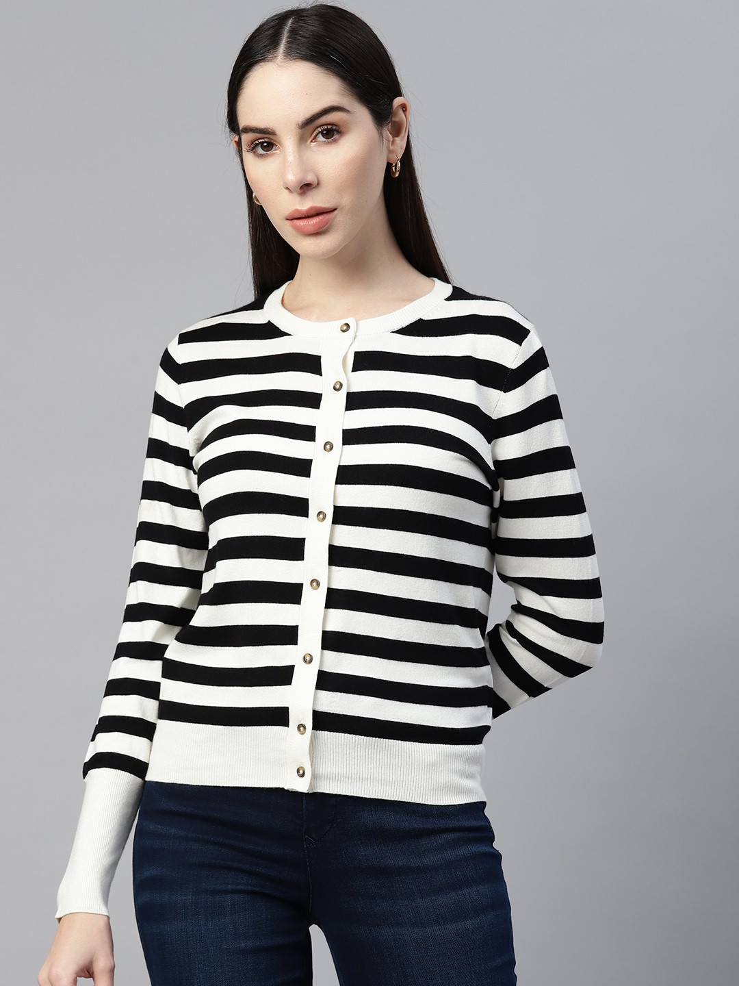 

Marks & Spencer Women Striped Cardigan, Black