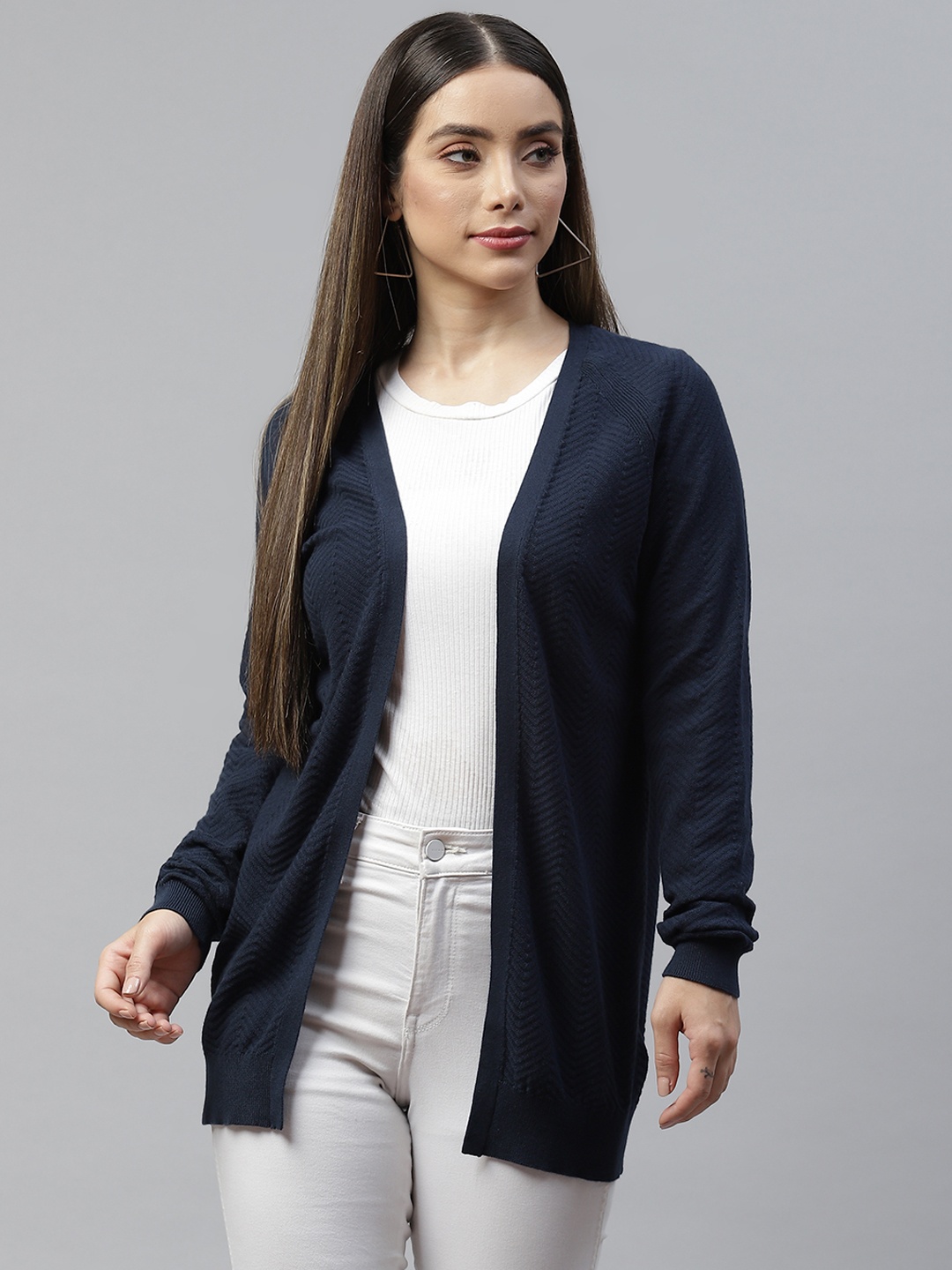 

Marks & Spencer Women Navy Blue Longline Textured Cardigan