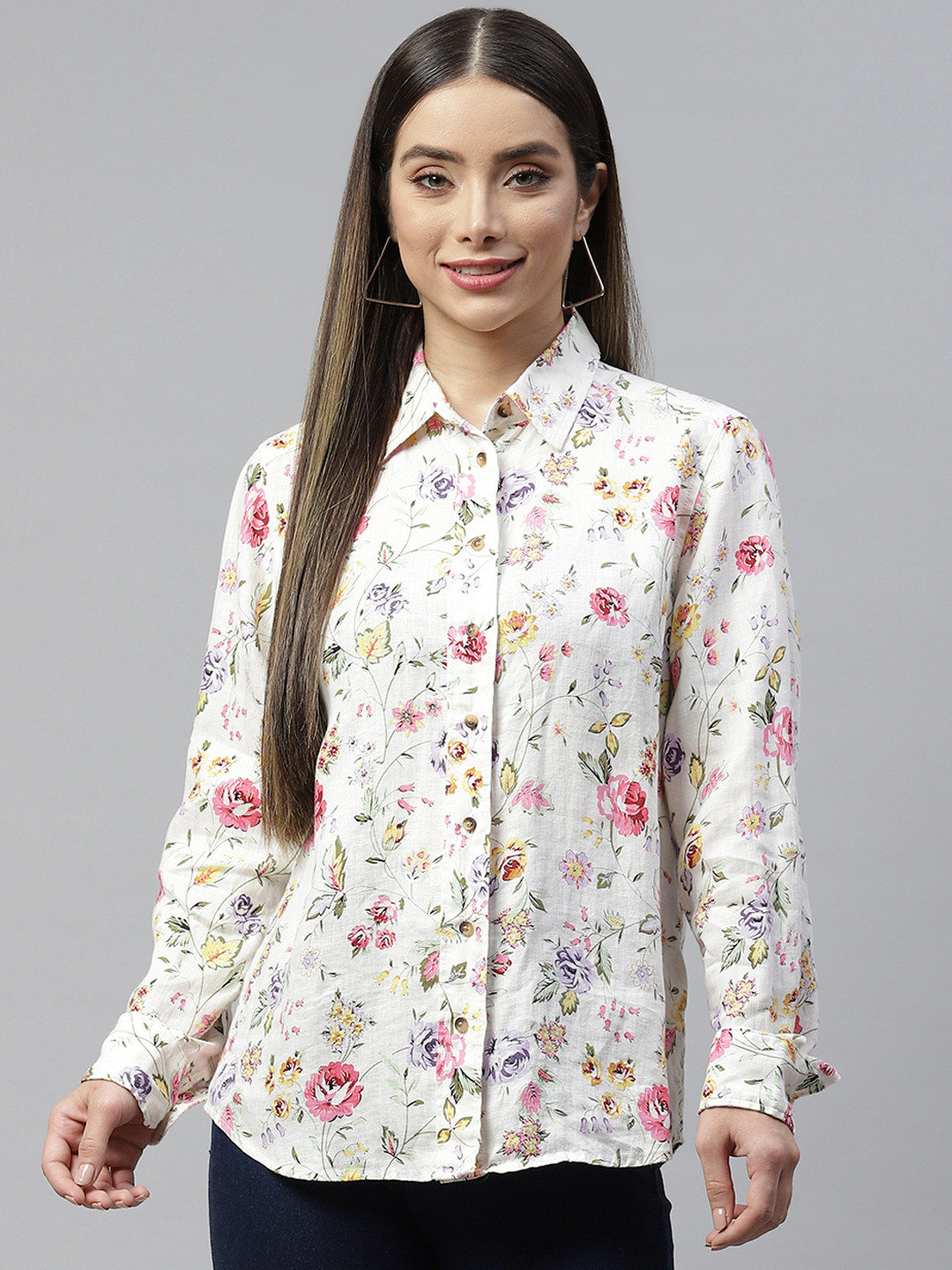 

Marks & Spencer Women Cream-Coloured & Pink Floral Striped Casual Shirt