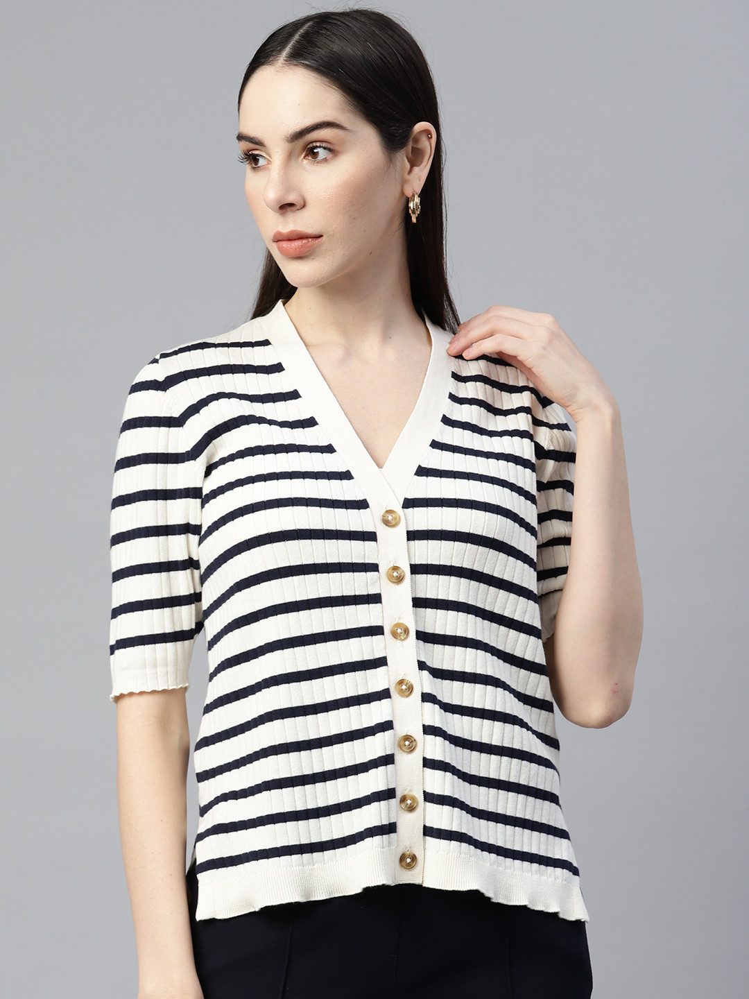 

Marks & Spencer Women Striped Cardigan, Cream