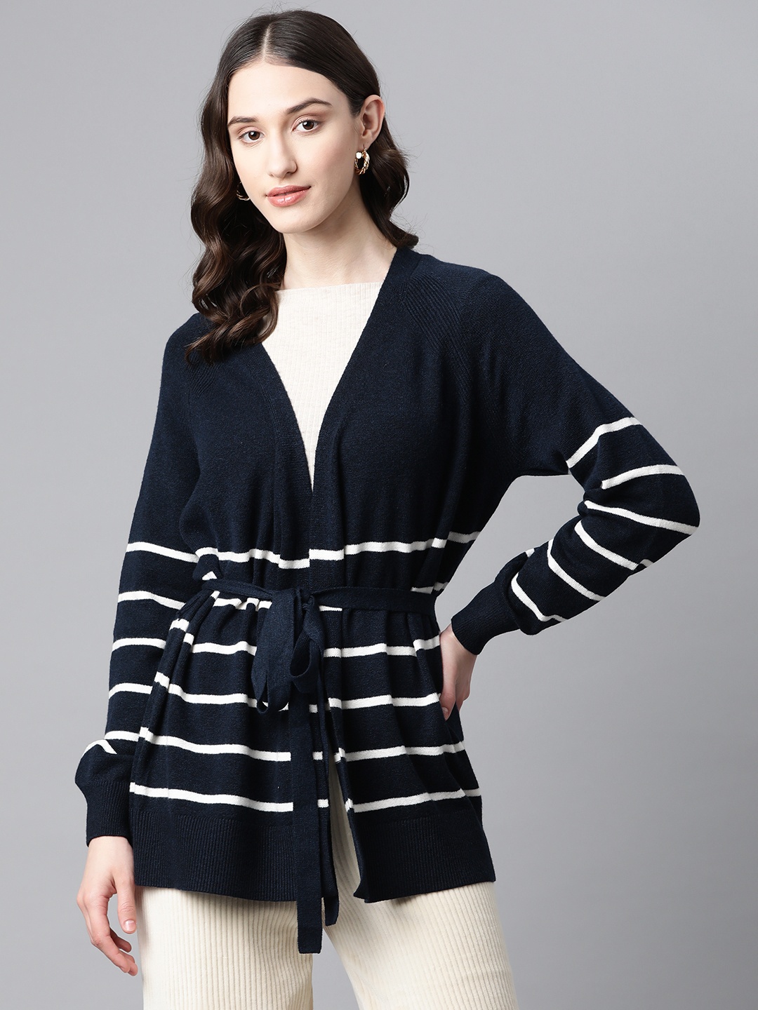 

Marks & Spencer Striped Front-Open Cardigan with Belt, Navy blue