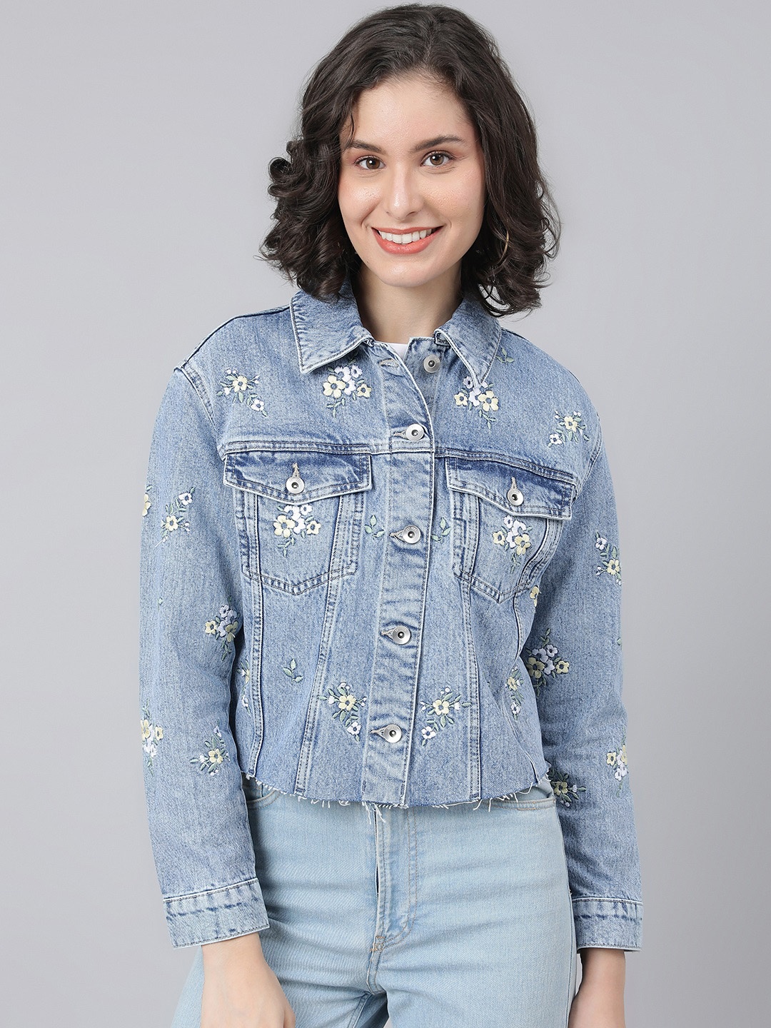 

Marks & Spencer Women Blue Floral Denim Jacket with Embroidered