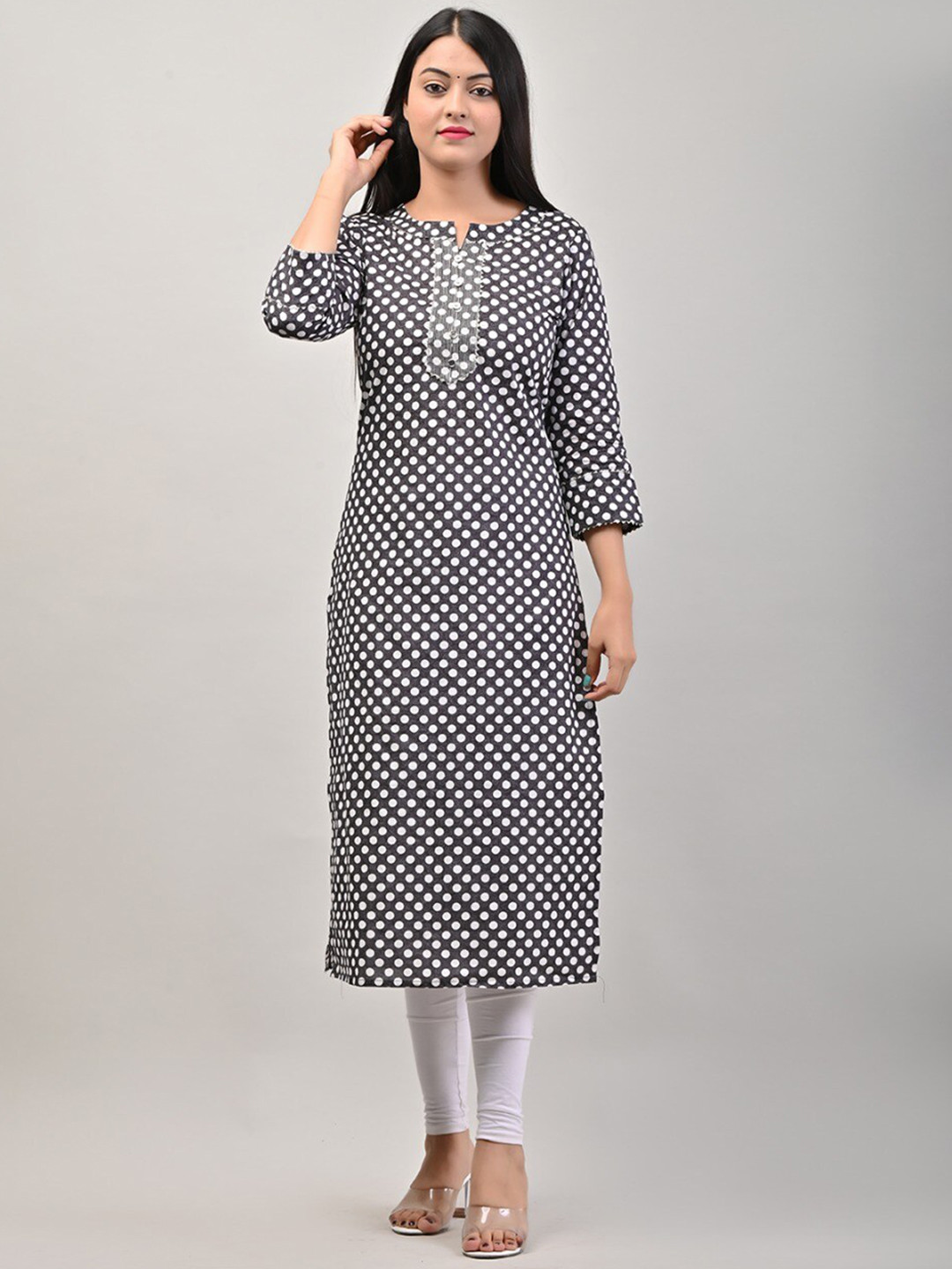 

Swasti Women Black & White Polka Dot Printed Gotta Patti Block Print Cotton Kurta