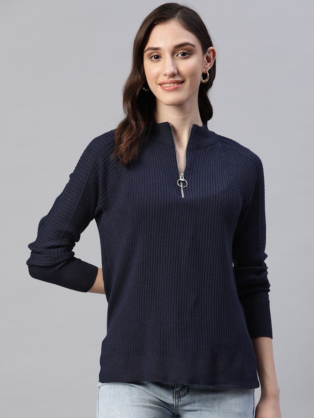 

Marks & Spencer Women Solid Ribbed Half Zipper Pullover, Navy blue