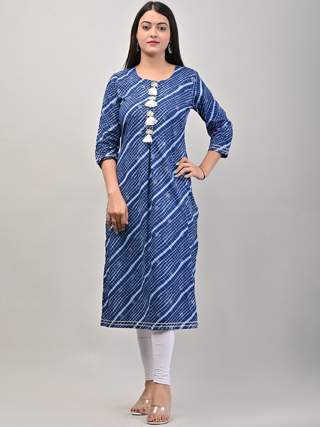 

Swasti Women Blue & White Leheriya Printed Gotta Patti Cotton Kurta