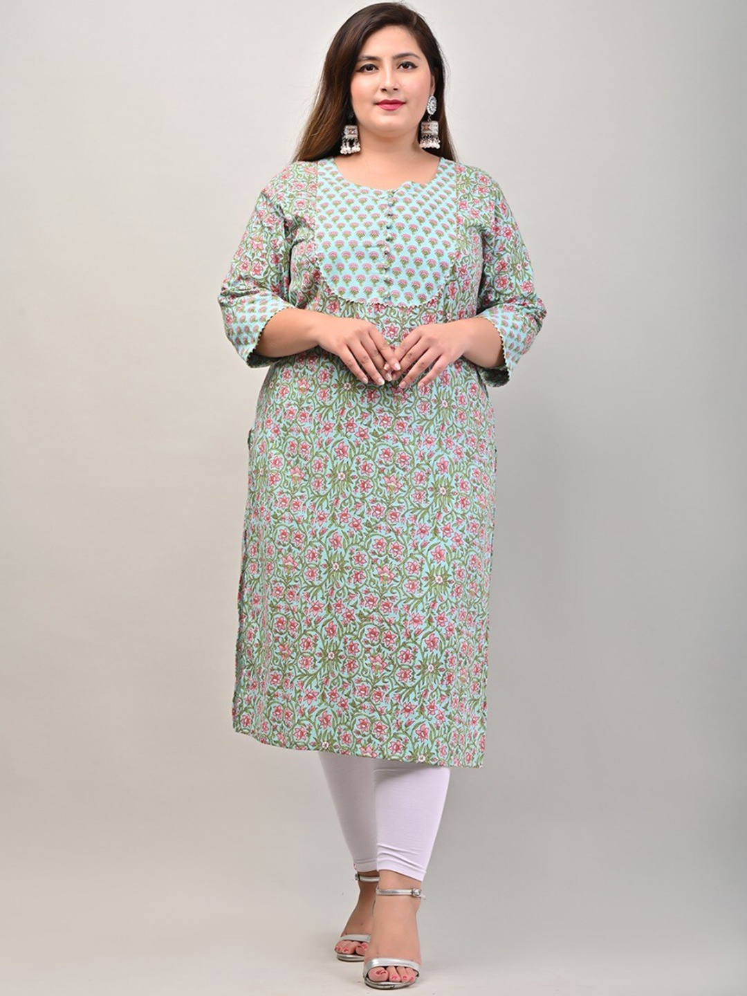 

Swasti Plus Size Women Sea Green & Pink Gotta Patti Block Print Cotton Kurta