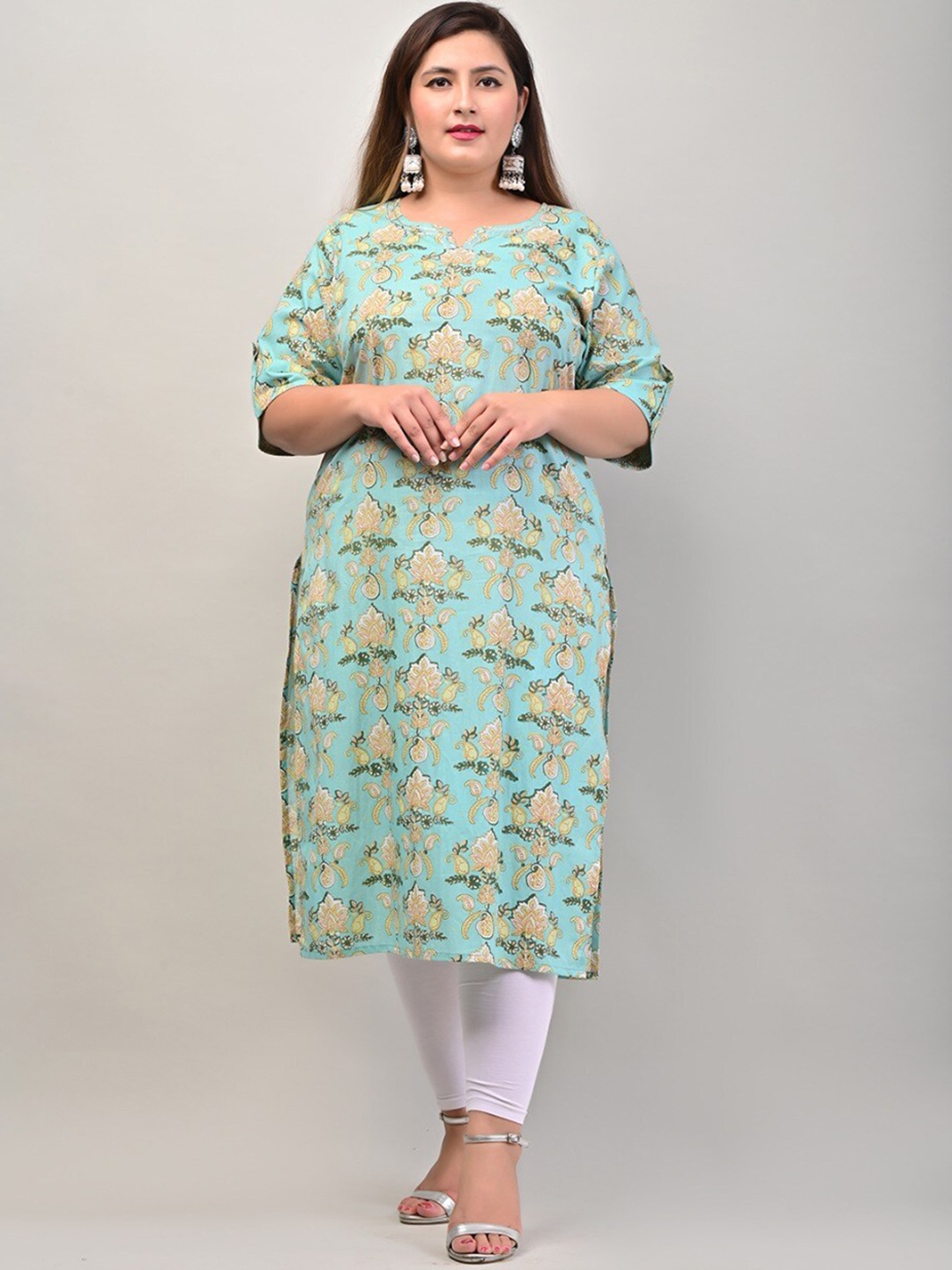 

Swasti Plus Size Women Green & Yellow Ethnic Motifs Printed Cotton Kurta