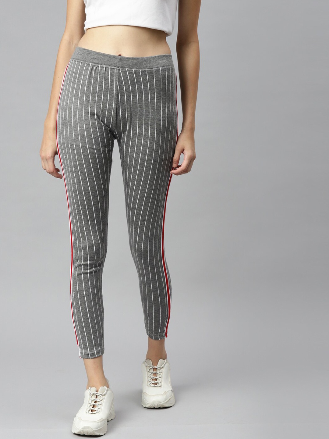 

Aarika Women Grey And White Striped Slim-Fit Rapid Dry Track Pant