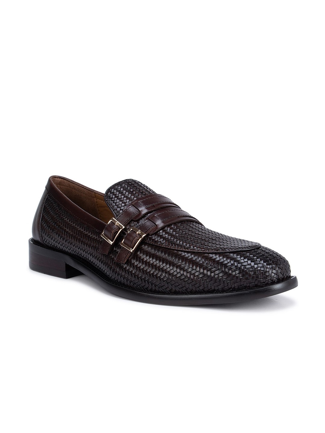 

ROSSO BRUNELLO Men Brown Textured Buckles Formal Loafers