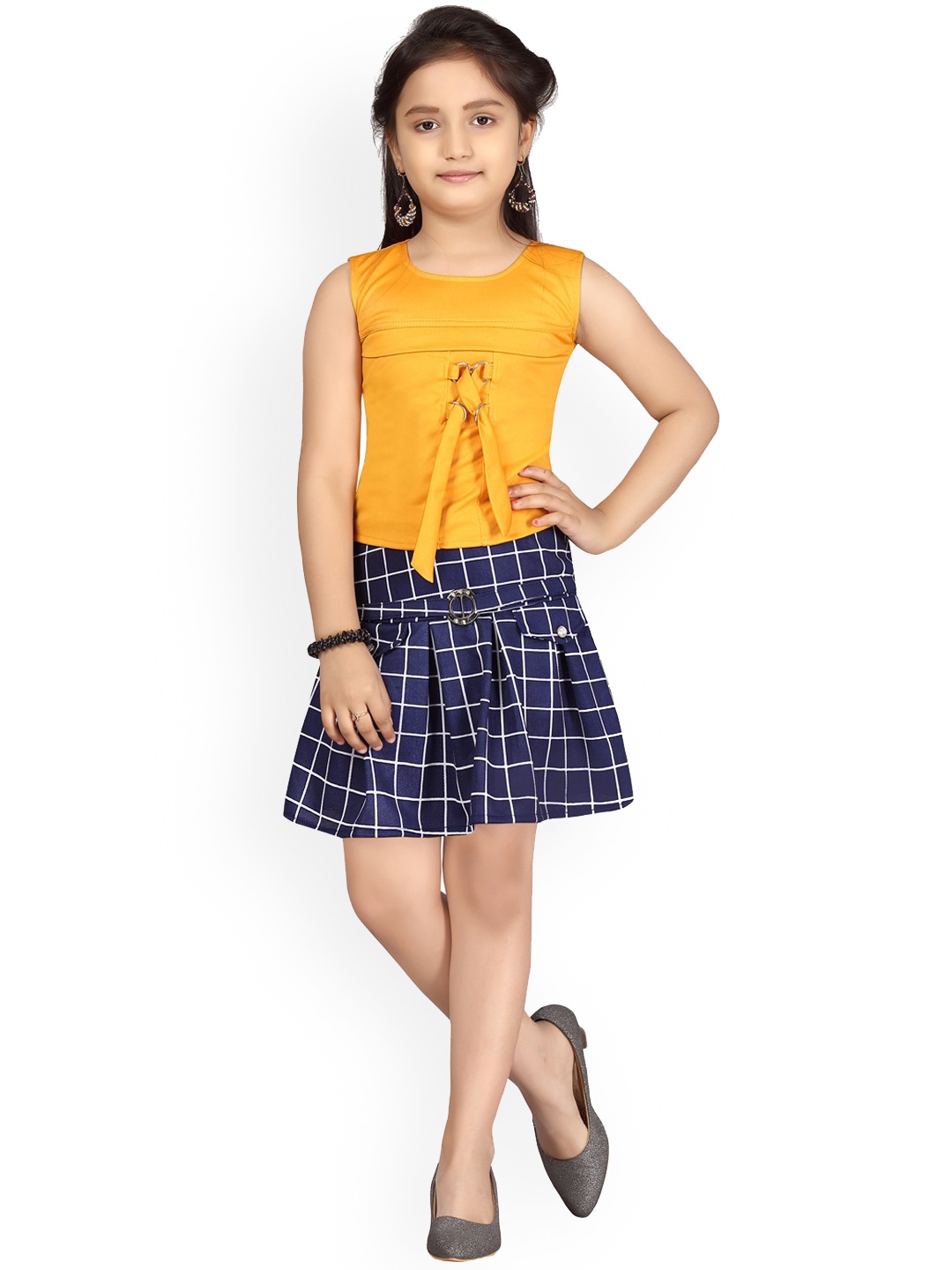 

Aarika Girls Checked Top With Skirt, Yellow