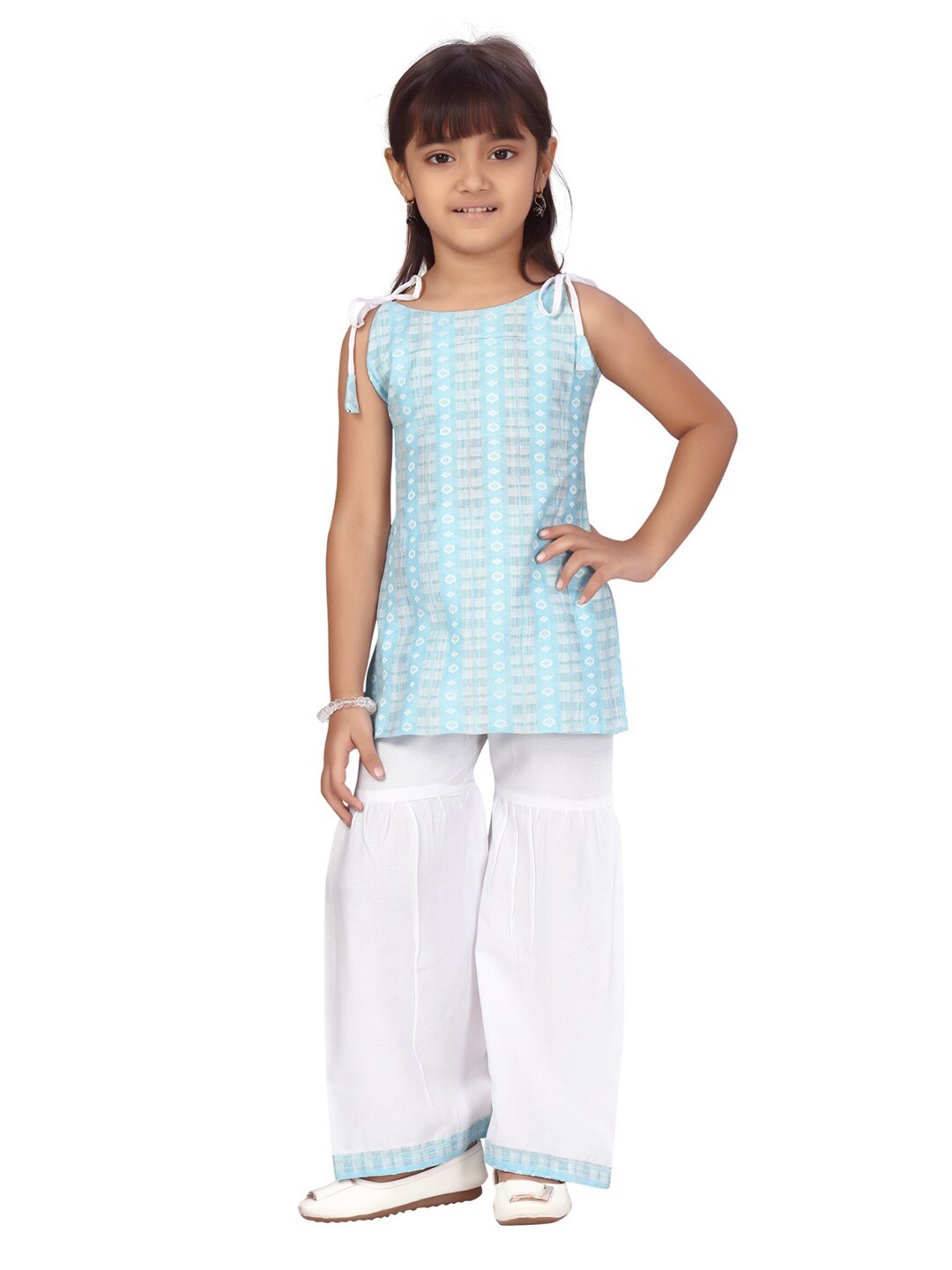 

Aarika Girls Turquoise Blue & White Flared Handloom Palazzos
