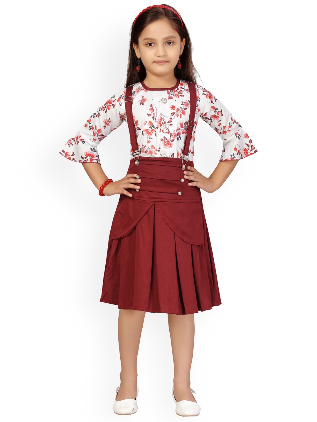 

Aarika Girls White & Maroon Printed Top with Skirt