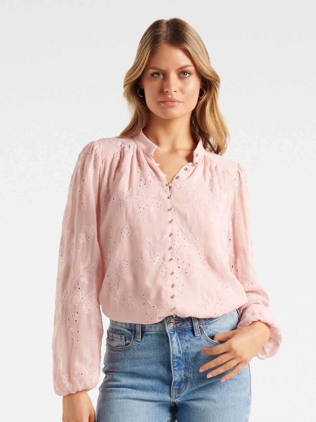 

Forever New Women Pink Mandarin Collar Bishop Sleeves Lace Shirt Style Top