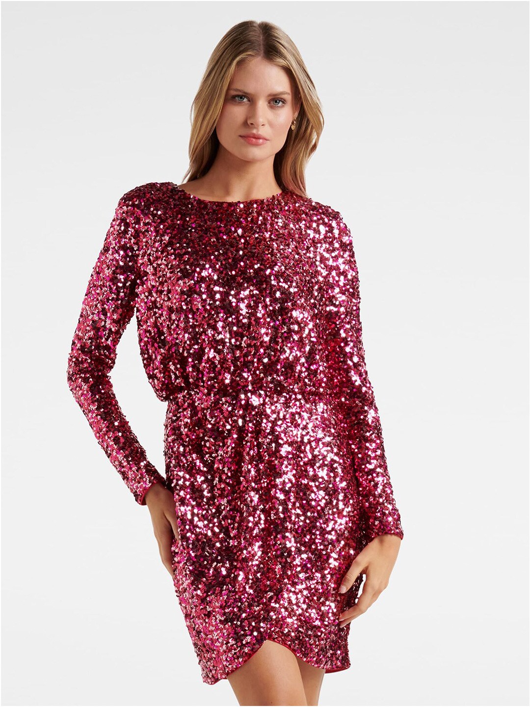 

Forever New Women Pink Embellished Mermaid Sequin Drop-Waist Dress