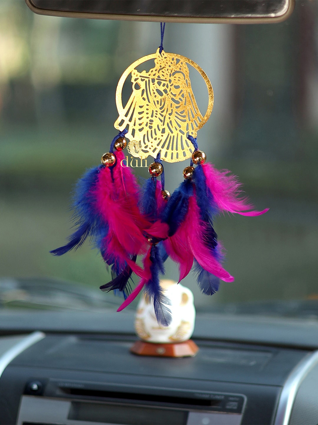 

DULI Unisex Gold-Toned & Pink Car Hanging Radha Krishan Dream Catcher With Feathers