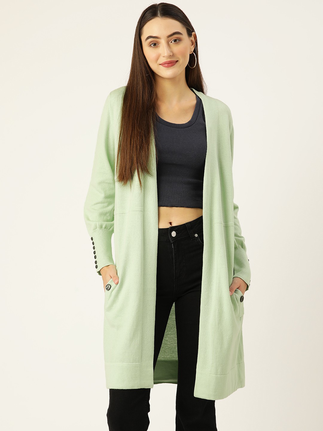 

Madame Women Pure Cotton Front-Open Longline Sweater, Green
