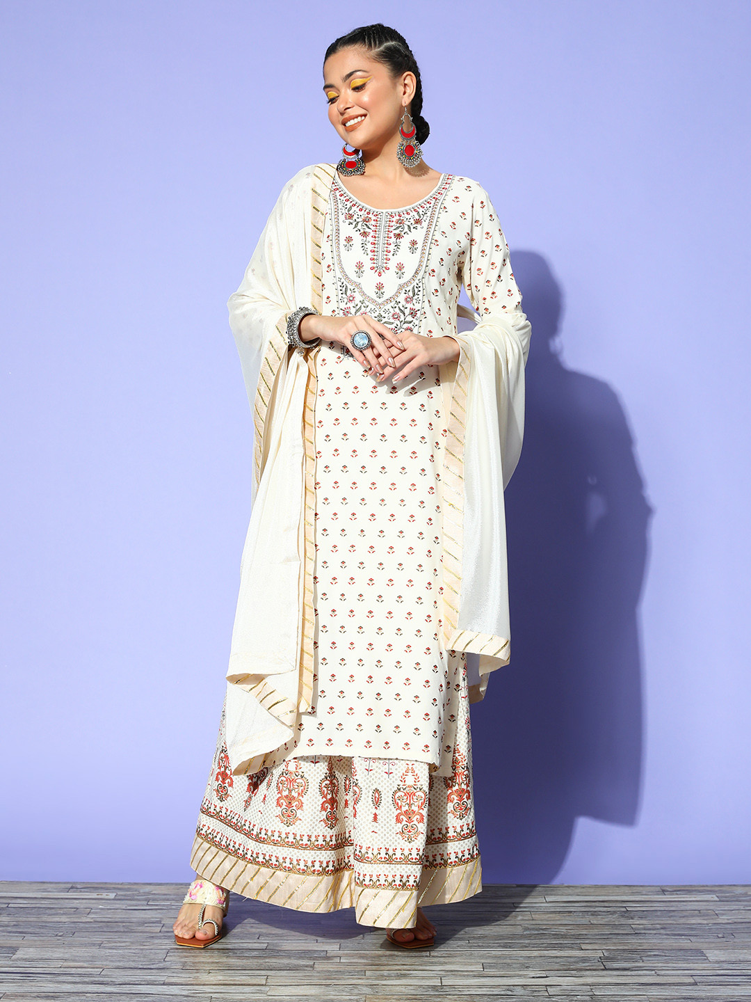 

SheWill Women Ethnic Motifs Viscose Rayon Print Parade Kurta Set, White