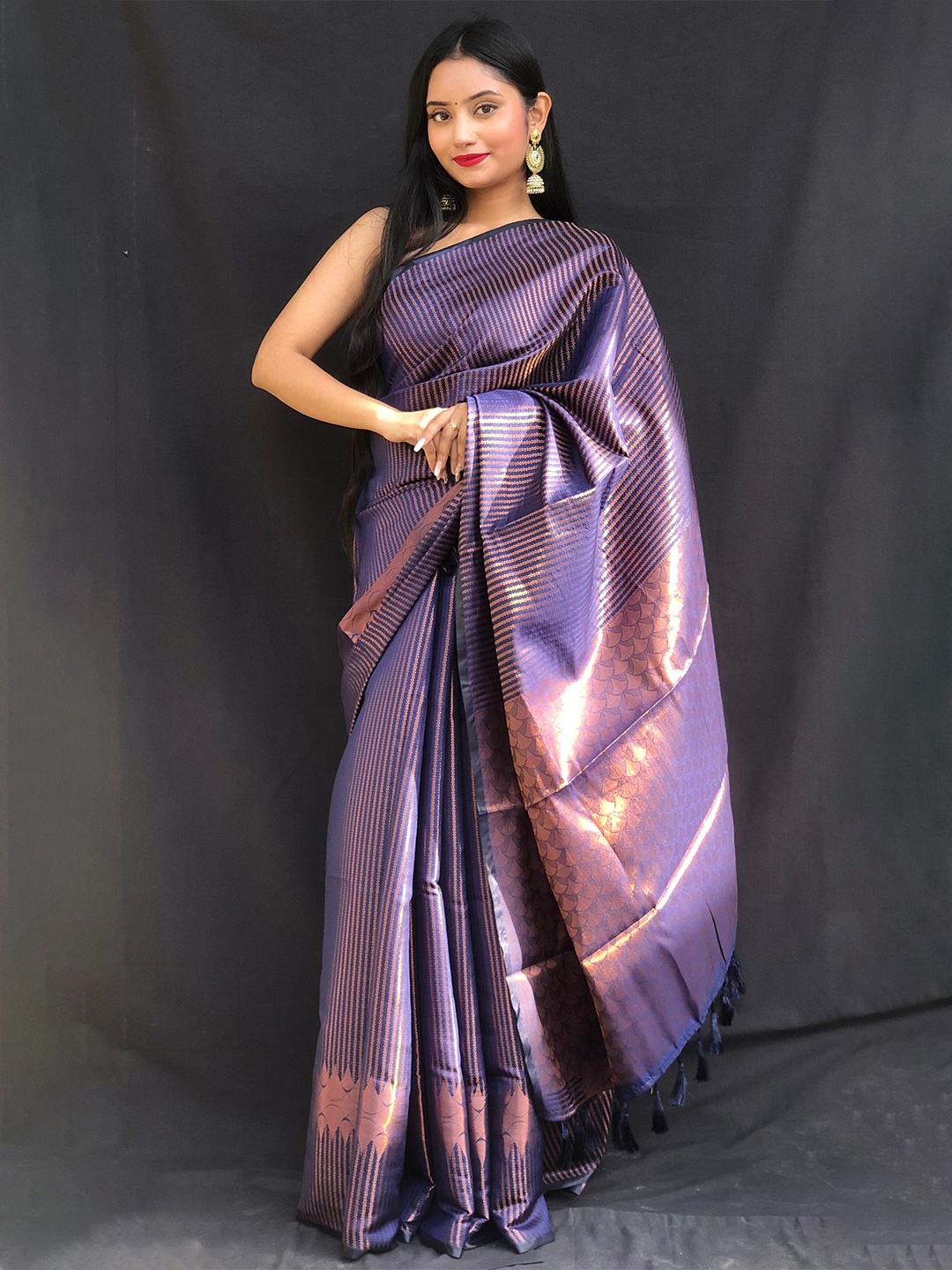 

Mitera Navy Blue & Gold-Toned Striped Zari Kanjeevaram Saree