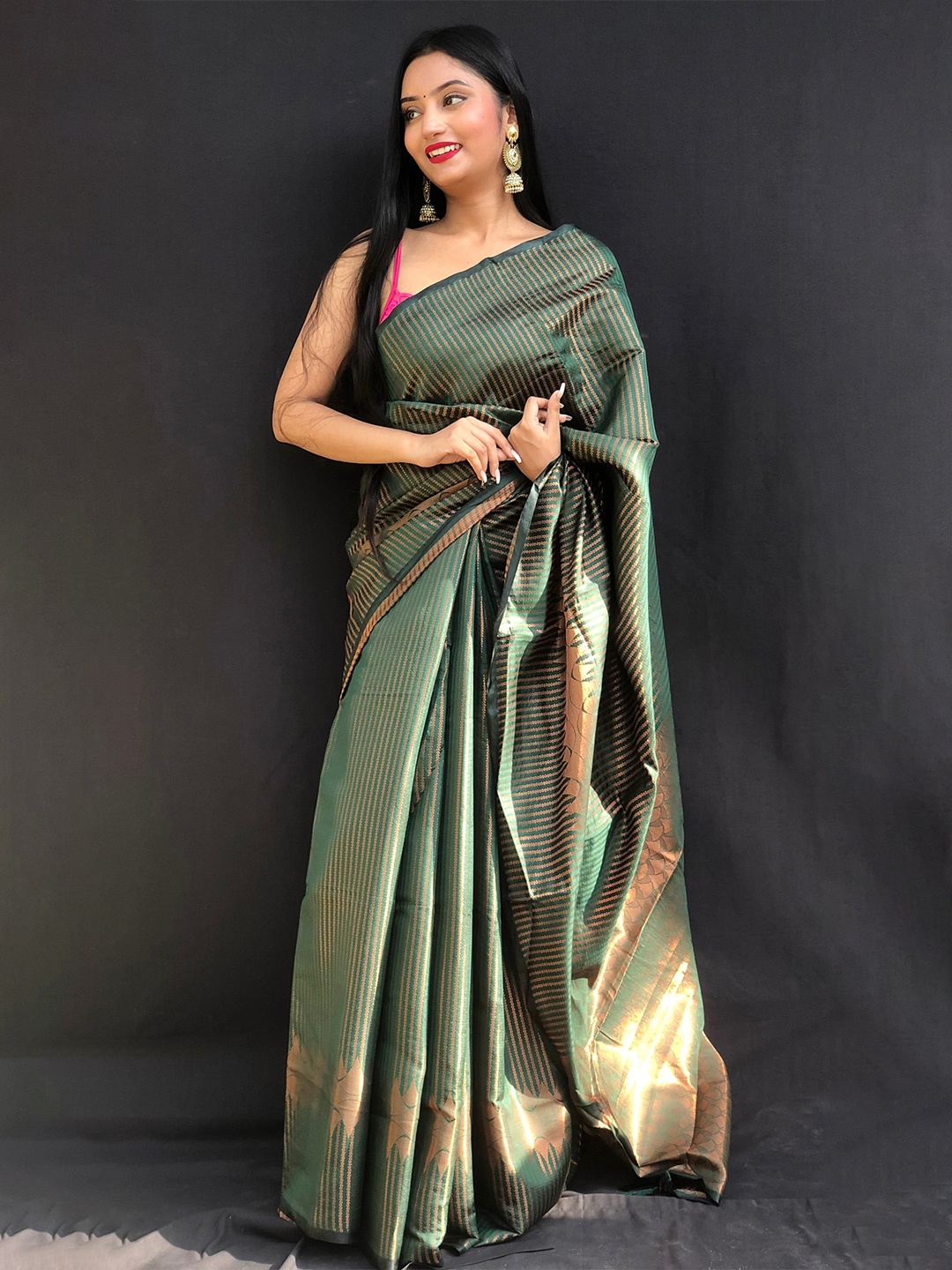 

Mitera Green & Gold-Toned Striped Zari Silk Blend Kanjeevaram Saree