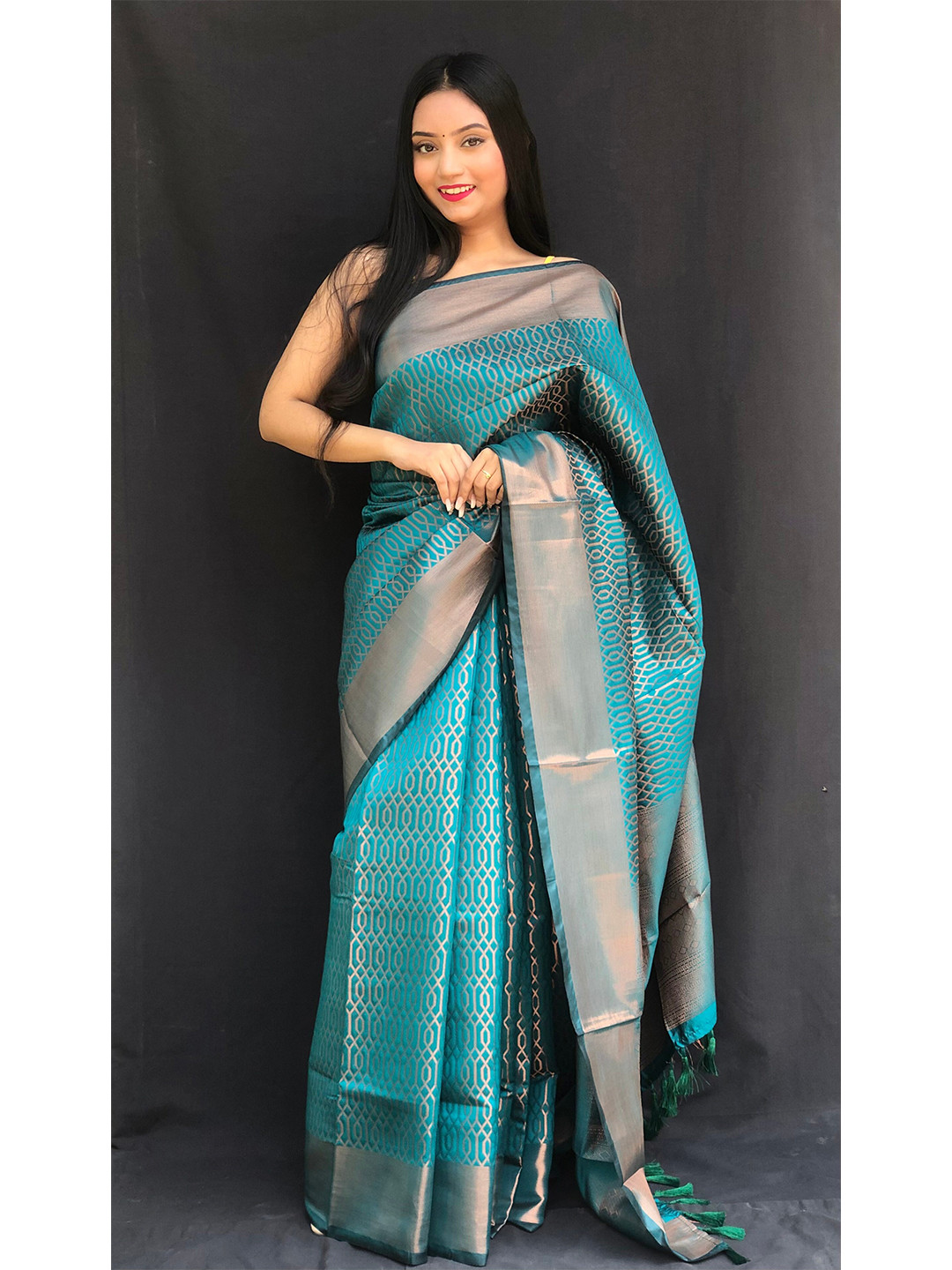 

Mitera Green & Grey Zari Kanjeevaram Saree
