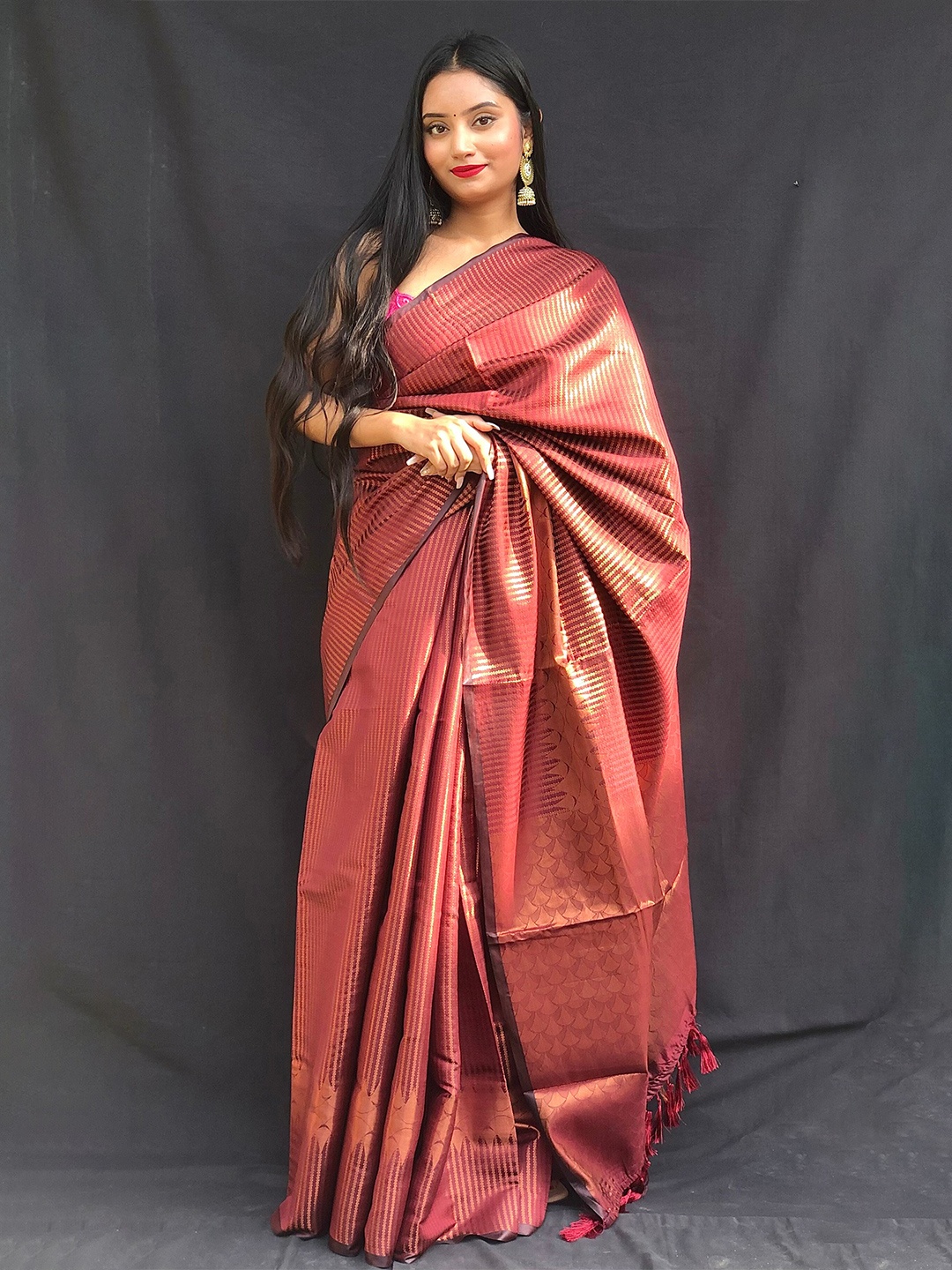 

Mitera Maroon & Gold-Toned Striped Zari Kanjeevaram Saree